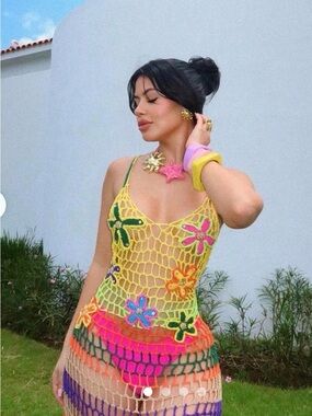 Fashion Nova  Multicolor Crochet Floral Swim Coverup